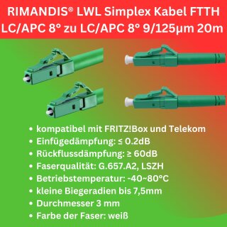 RIMANDIS® 20 Meter Glasfaserkabel LWL-Patchkabel Singlemode G657.A2 LC/APC-LC/APC Telekom FritzBox